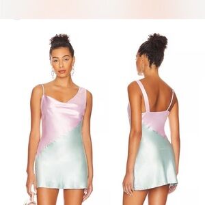 Revolve More to Come Pink and Green Satin Slip Dress
